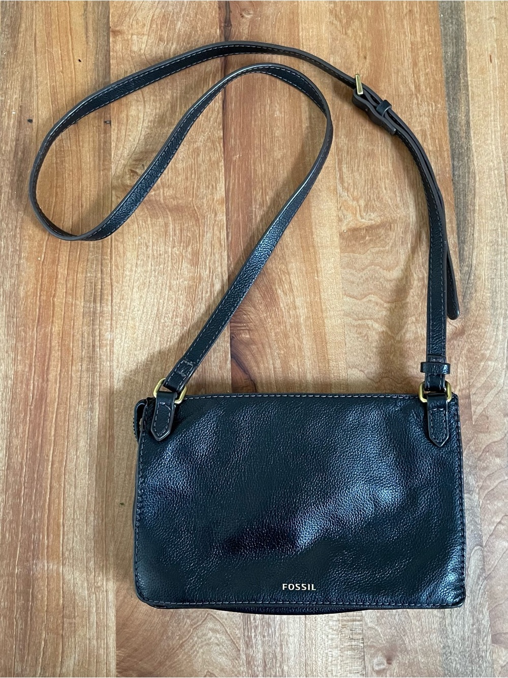 Vintage Fossil Small Black Leather Crossbody Bag Purse Zipper Pebbled Brass